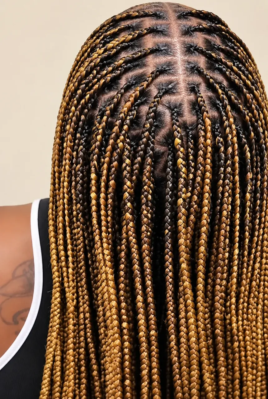 Close-up of neat square partings blending into honey-blonde braids