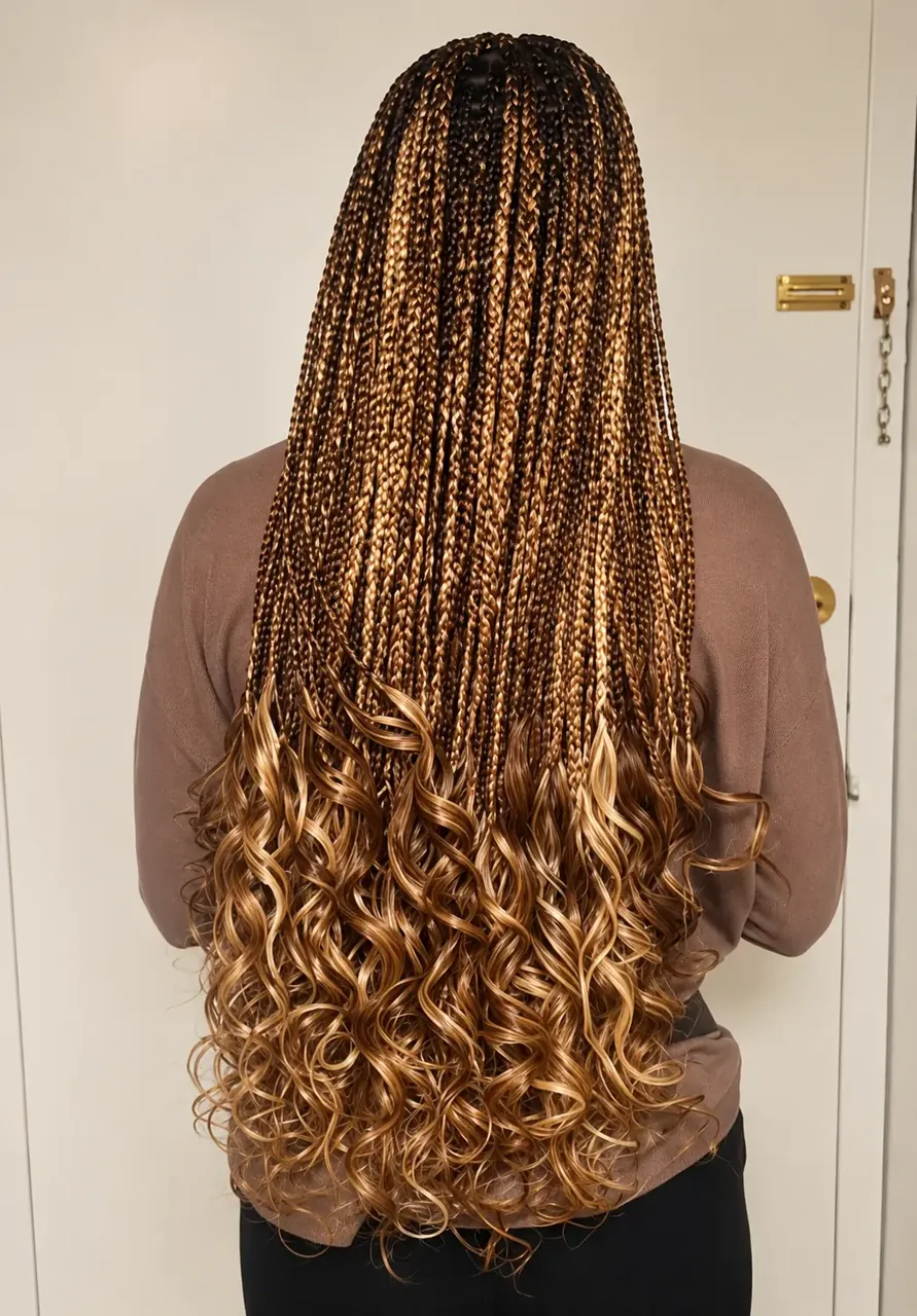Long brown and blonde box braids with curled ends, straight-on back view