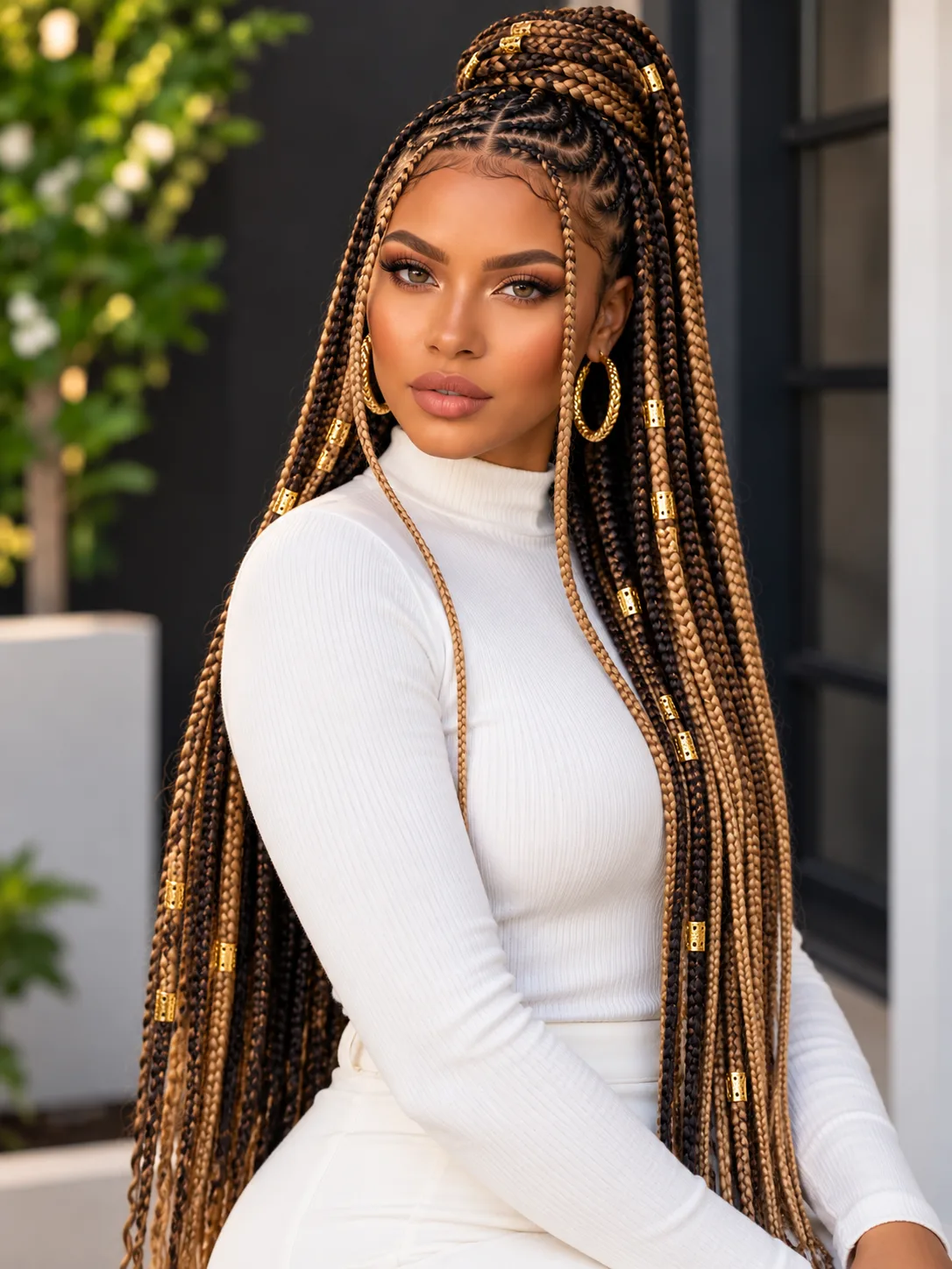 High braided ponytail in honey and caramel tones with gold clips, styled with stitch cornrows