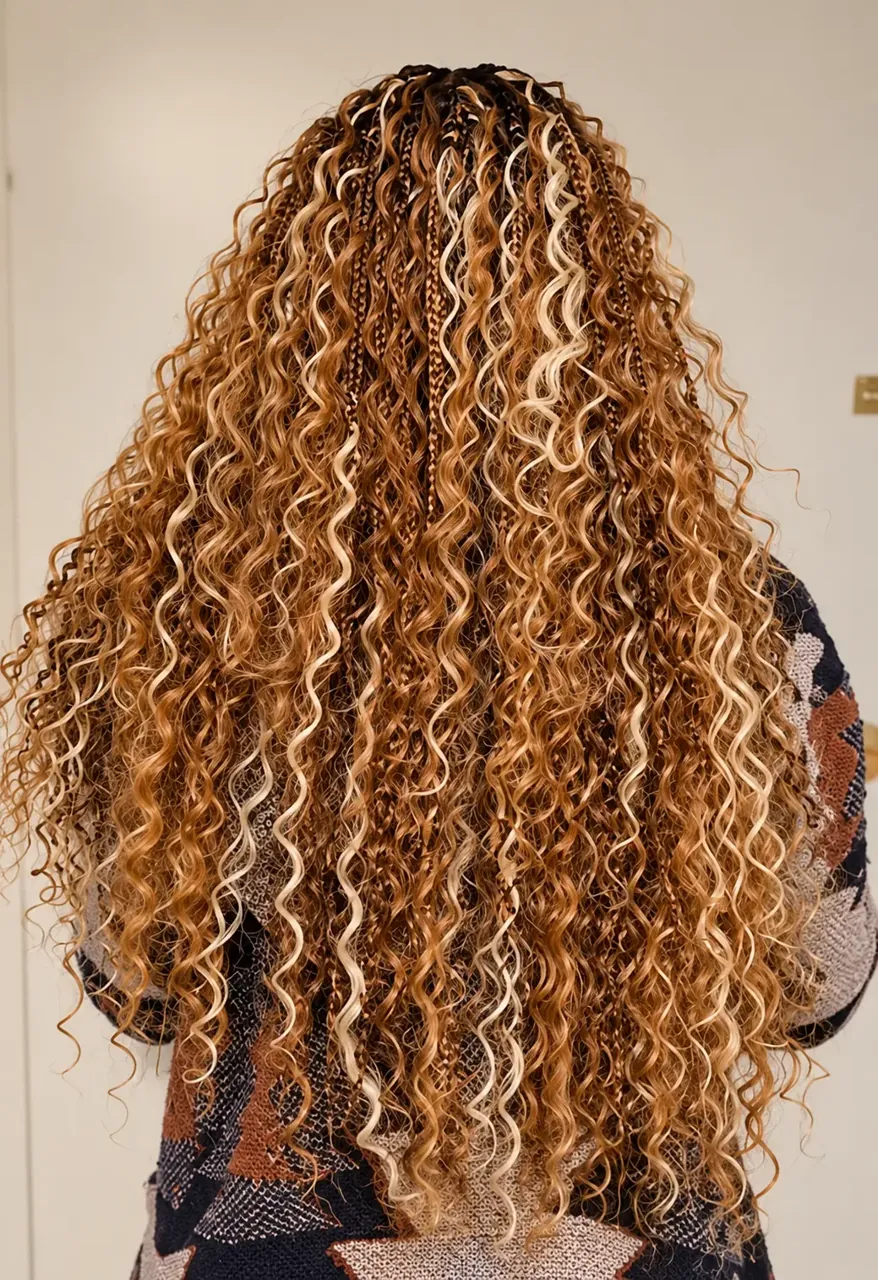 Boho goddess braids with loose honey-blonde curls, seen from behind