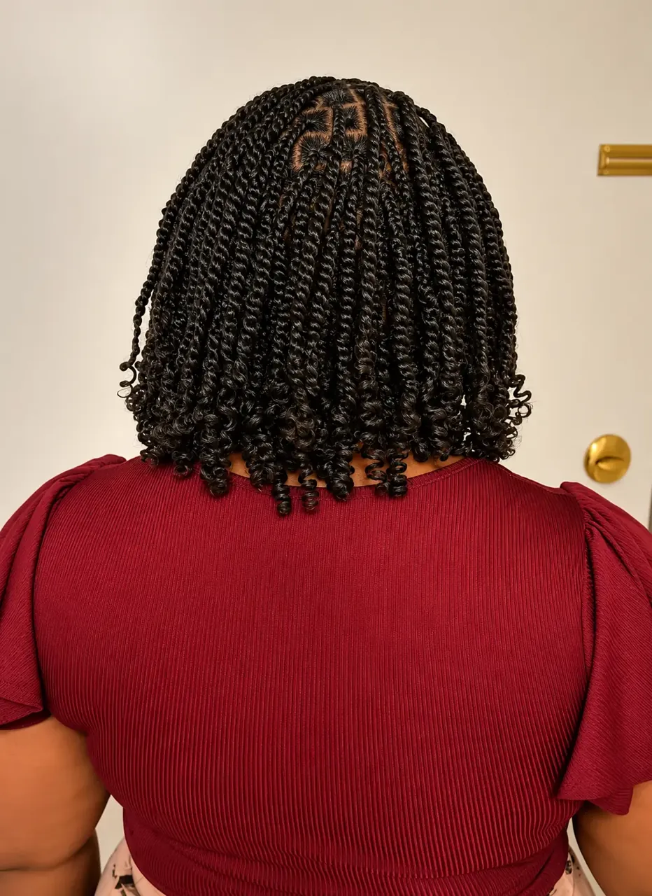Short black passion twists with clean box parts, back view