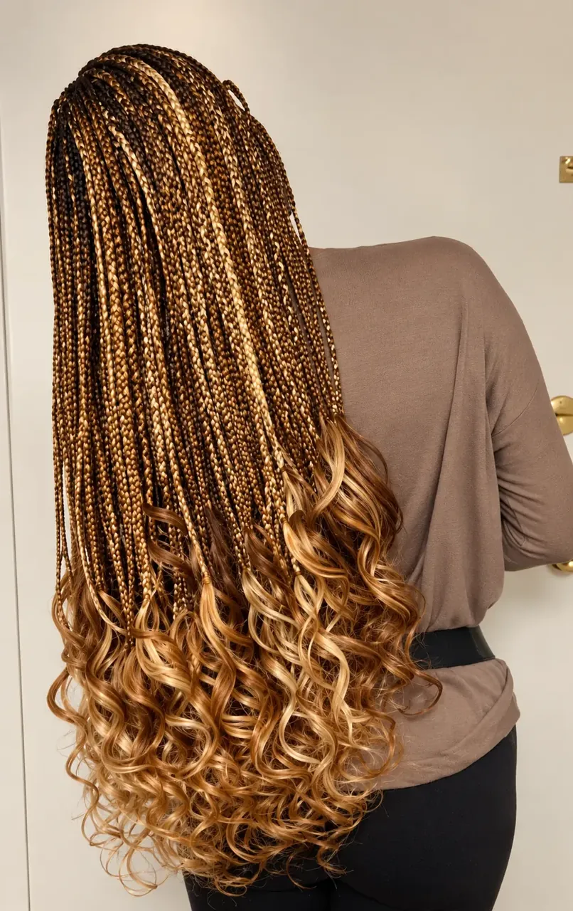 Honey-blonde box braids finished with spiral curls