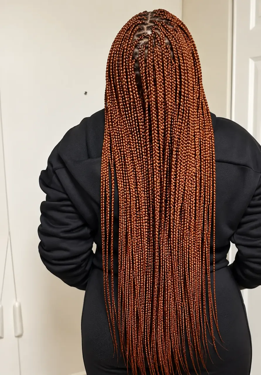 Extra-long copper box braids, back view