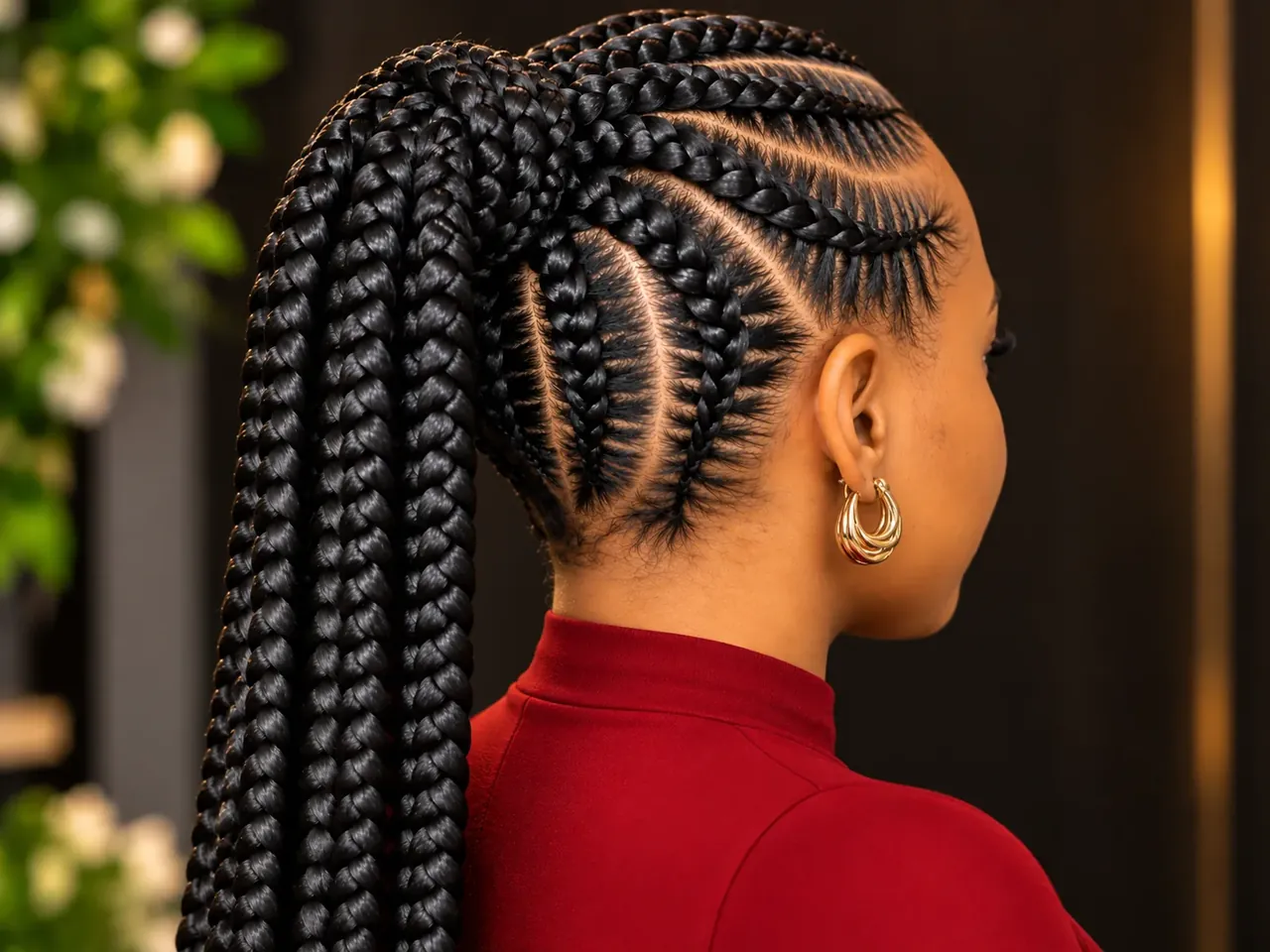 High jumbo braided ponytail with curved stitch parts, rear view