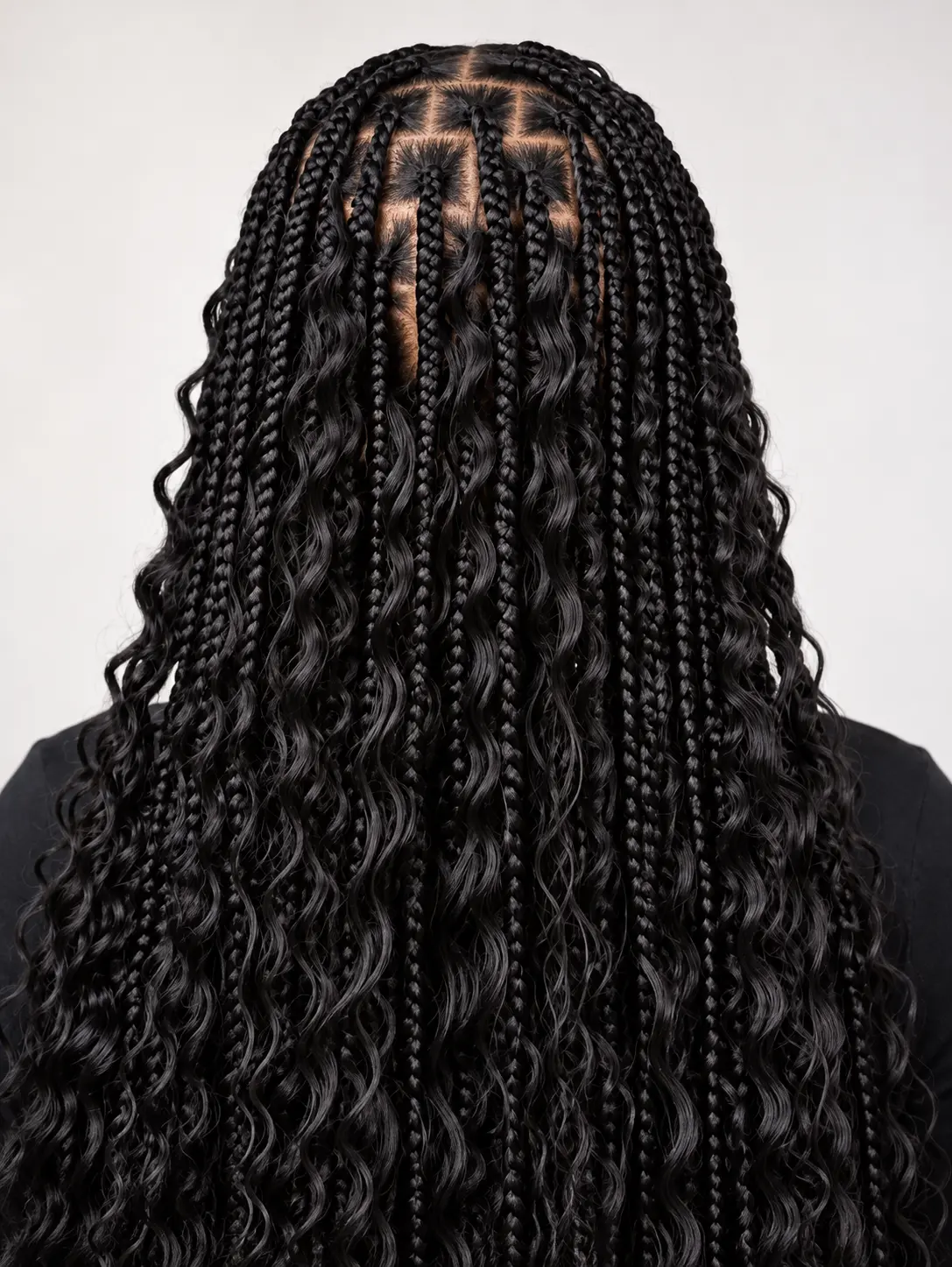 Long black boho knotless braids with curly pieces, back view