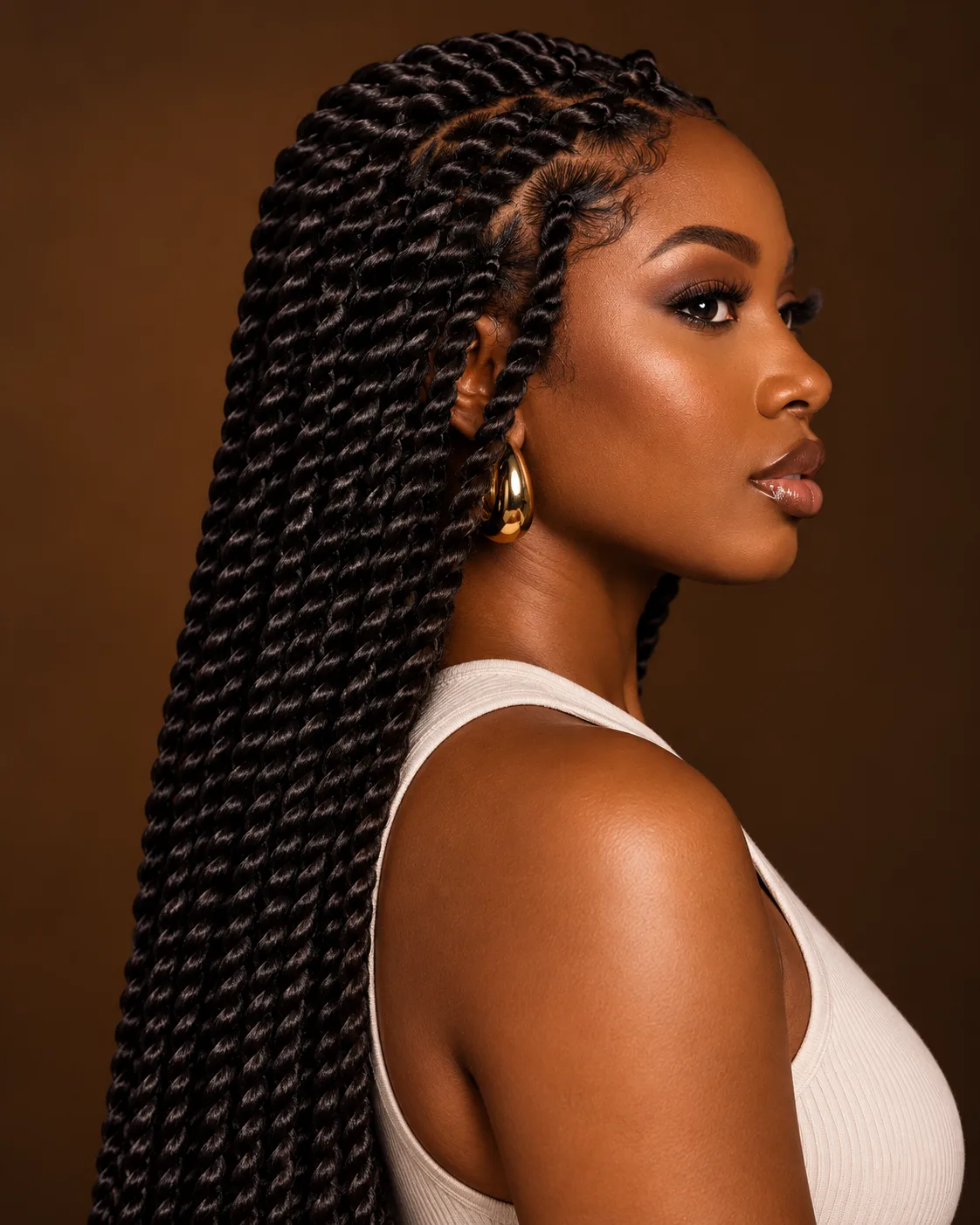 Long jet-black rope twists with sculpted baby hairs, side profile on a warm brown backdrop