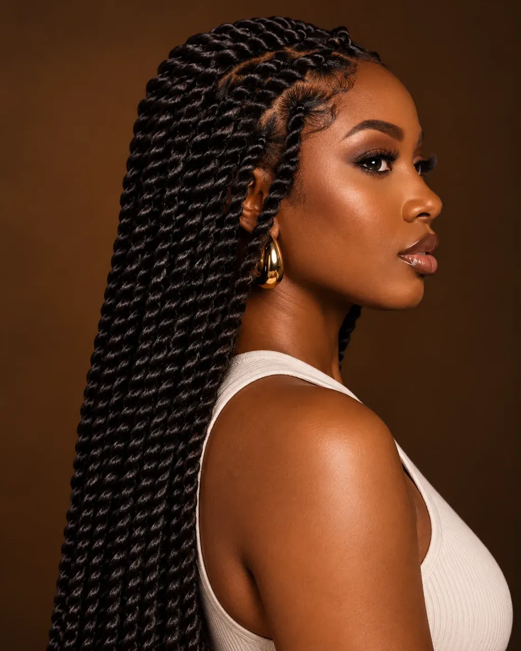 Long jet-black rope twists with sculpted baby hairs, side profile on a warm brown backdrop