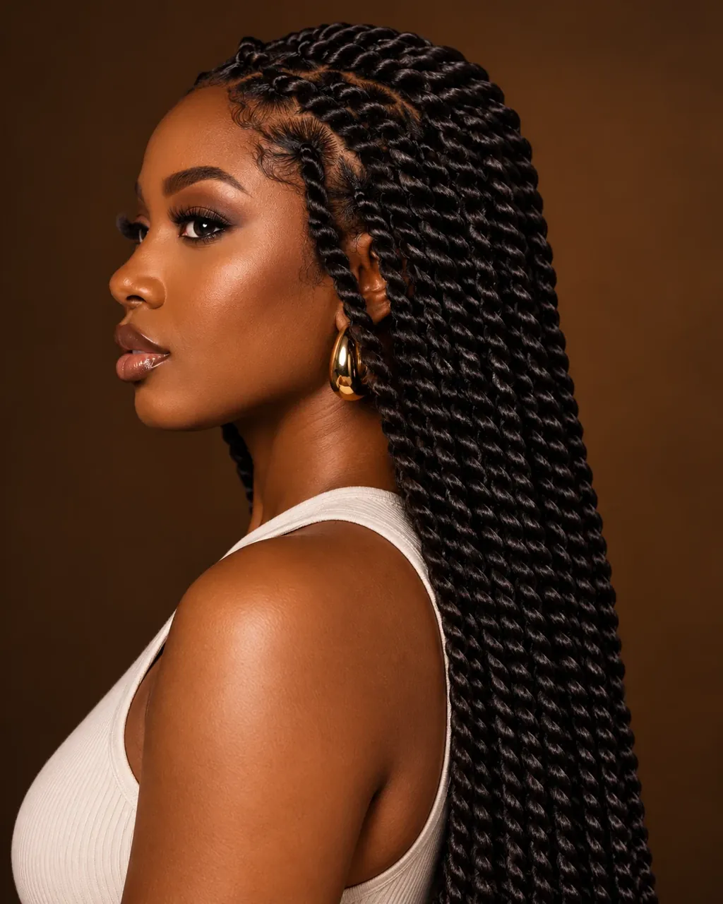 Long black rope twists in side profile