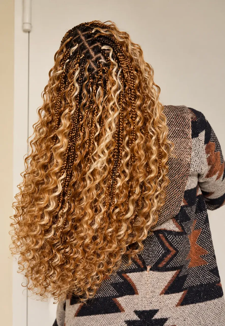 Boho goddess braids with clean parts and shiny curls, back view