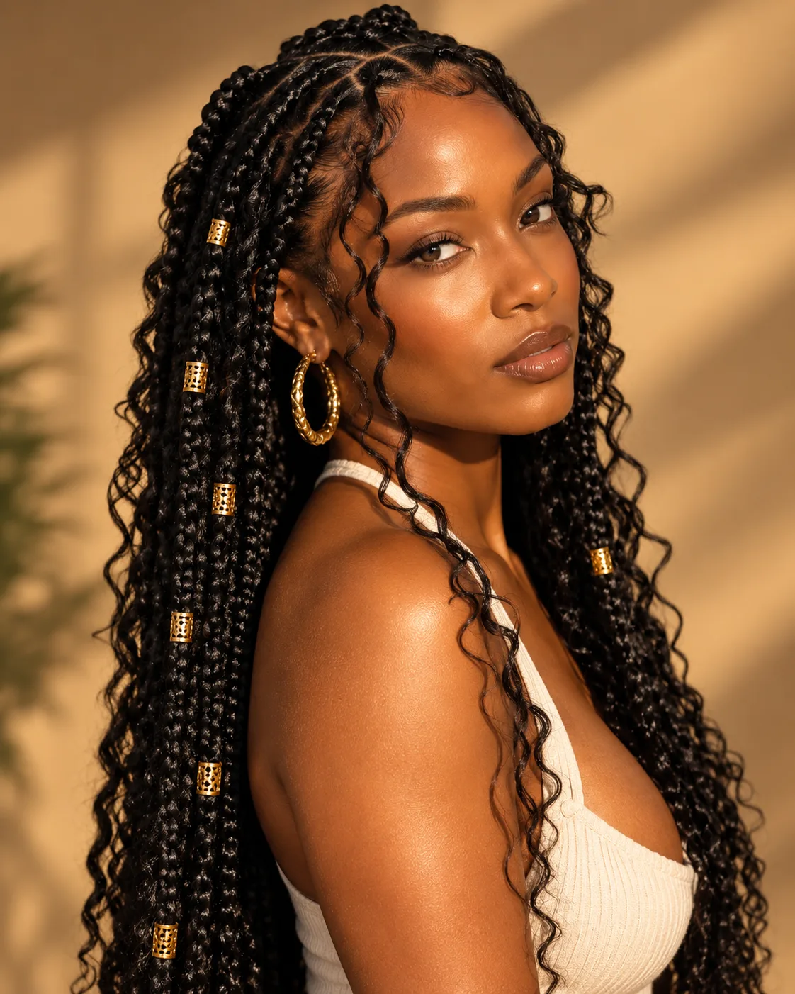 Black boho braids with loose curls and gold cuffs, seen over the shoulder in warm sunlight